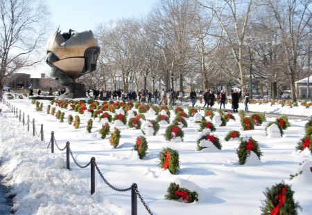 Christmas in Battery Park - new york, snow, battery park, winter, monument, wreaths, christmas, new york park