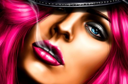 PINK HAIR BEAUTY - chihuahuasin the mist, smoke, hat, girl, eyes, art