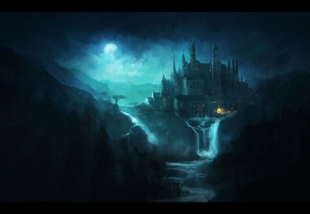 CASTLE AT NIGHT - MOON, WATERFALL, SKY, CASTLE, NIGHT