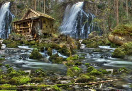 old mill between two fantastic waterfalls hdr - rever, forest, waterfalls, hdr, mill, rocks