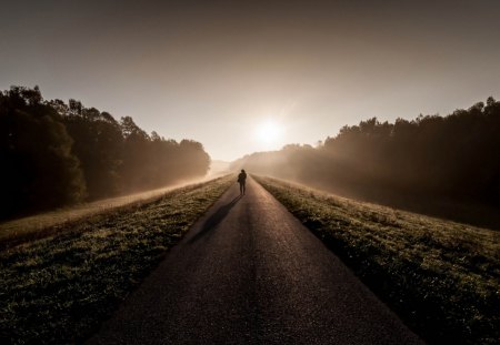 cast a long shadow - trees, shaow, girl, road, sun