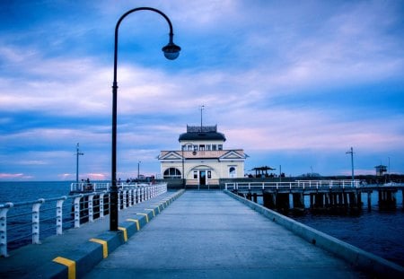 fantastic pier - building, pier, clouds, lamps, sea