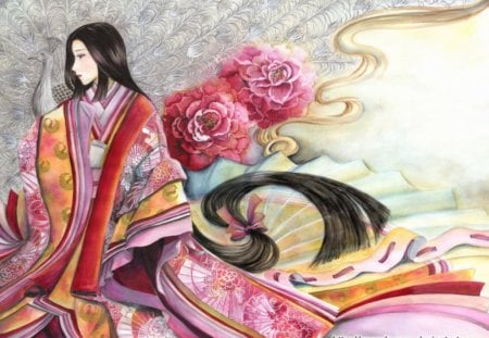 Peacock Kimono - anime, peacock, kimono, flowers