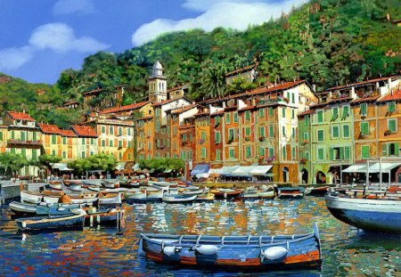 Portofino - pretty, summer, town, coast, shore, port, lake, nice, art, trees, water, beautiful, lovely, dock, pier, village, boats, Italy, painting, Portofino