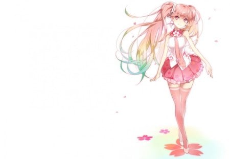 Sakura Miku - female, hot, simple, anime girl, white, petals, anime, miku, cute, pink eyes, hatsune miku, sexy, girl, twintails, long hair, pink hair, sakura miku, vocaloids, hatsune, sakura, vocaloid, plain