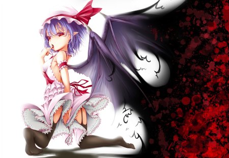 Remilia Scarlet - blood, anime, female, wing, bad, gloomy, evil, dark, short hair, touhou, purple hair, anime girl, hot, girl, red eyes, white, sinister, wings, cute, remilia scarlet, sexy