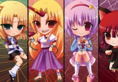 Touhou Chibi - anime, kawaii, female, wink, adore, long hair, short hair, touhou, horn, hd, chibi, nice, anime girl, girl, lovely, sweet, collages, cute, adorable