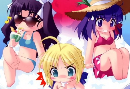 Fate Stay Chibi - female, tohsaka rin, mini, tiny, rin, blond, purple hair, icecream, sunglasses, sakura matou, rin tohsaka, ice, cute, saber, anime, kawaii, blonde, blond hair, long hair, matou sakura, eat, bikini, chibi, tohsaka, hat, anime girl, sakura, girl, blonde hair, glasses, eating, adorable, fate stay night