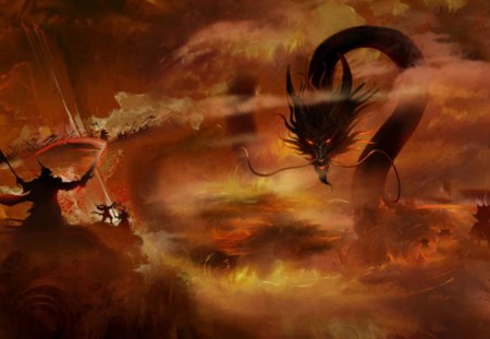 Samurai against Dragon. - Battle, Samurai, Dragon, Wallpaper Abys, SlayerSegi, Fantasy, Creature, Architecture