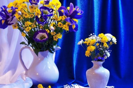 * Lovely spring is here * - curtain, flowers, vase, yellow, purple, blue, sprng