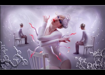 ~Self Destruction~ - people, female, amazing, eyes, chairs, dress, photomanipulation, dark, face, women, self destruction, digital art, models, hair, girls, white, incredible, lips