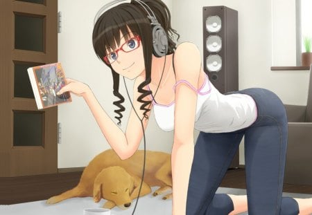 The CD - glasses, cute, hot, lying, anime girl, cd, girl, singlet, sunglasses, blouse, speaker, animal, headphones, sweet, brown hair, anime, door, long hair, lovely, sexy, female, dog