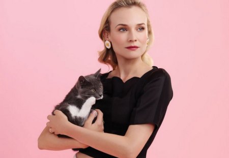 Diane Kruger - girl, blonde, beauty, pink, diane kruger, actress, cat, black, woman, model, movie