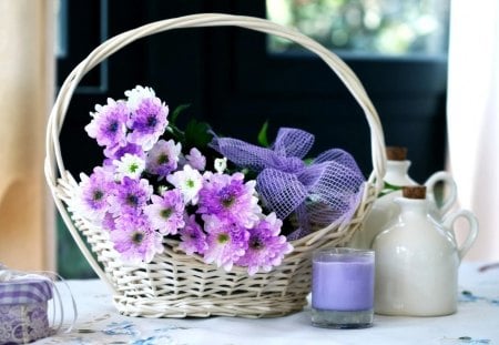 Chrysanthemums Flowers - flowers, violet, basket, jar