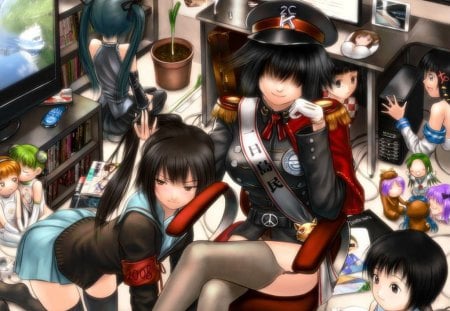 Baby Sitter - anime, female, room, team, children, long hair, child, uniform, group, chibi, tv, television, pot, hat, anime girl, kid, realistic, twintails, hot, girl, table, officer, cap, baby, black hair, cute, 3d, sexy, short hairr, leek