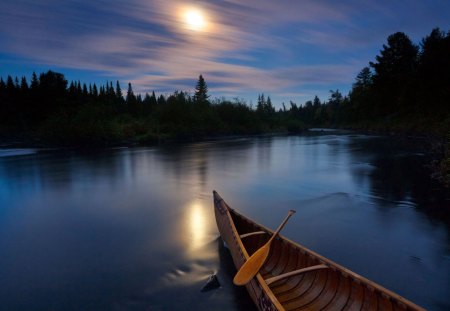 canoe on a river in moonlight - moon, trees, clouds, river, canoe