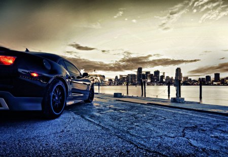 chevrolet camero on the waterfront - city, waterfront, car, bay