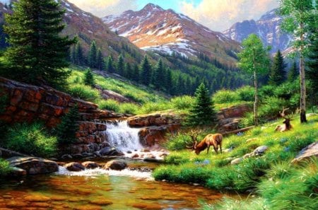 Hideaway - stream, meadow, mountains, deer