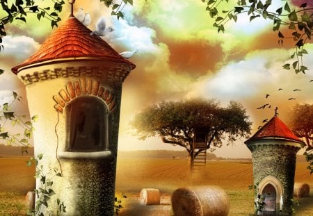 Moulinorange - fantasy, orange, tree, castles