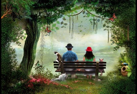 lacampagnesurlebanc - bench, garden, fantasy, couples