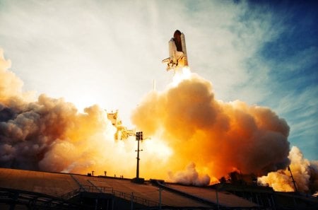 explosive shuttle takeoff - fire, takeoff, smoke, shuttle, sky