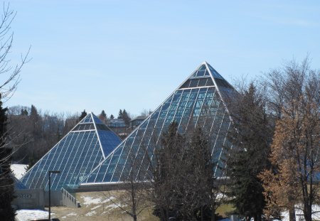 The pyramids of Alberta - trees, pyramids, blue, photography, snow, Sky, glass