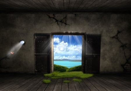 New World - gate, sky, door, fantasy, new, sea