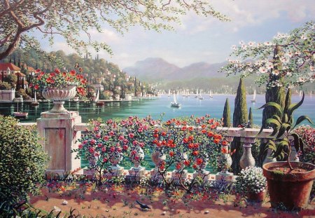 Beautiful View - lake, fantasy, view, boat, flowers, trees