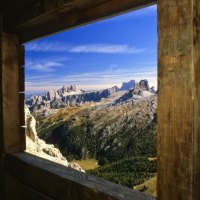 italian alps through a cabins window