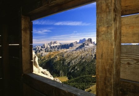 italian alps through a cabins window - mountains, cabin, window, view