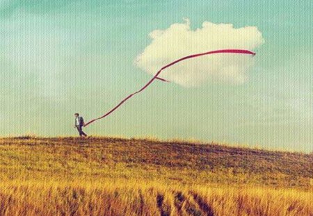 Tied to a cloud - fields, sky, tied, summer, meadow, sorrow, lonely, cloud, man