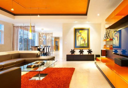 Orange living room - floors, orange, paint, furnitures