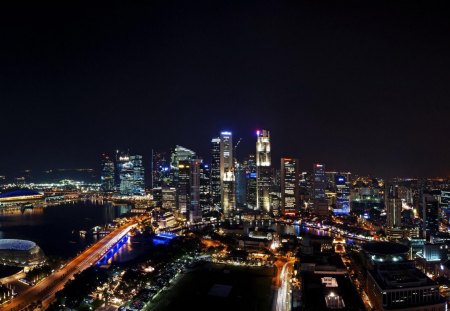 Singapore - buildings, lights, blue, red