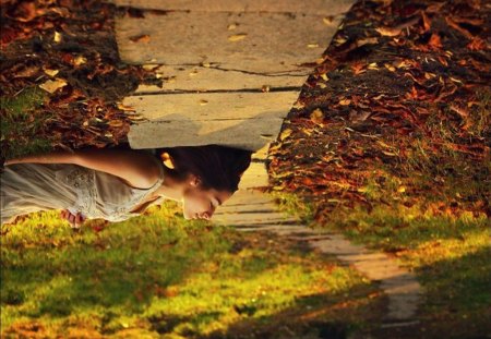 Upside-down captured - captured, autumn, girl, road, grass, way