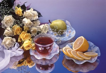 Still life - purple, shades, beauty, flowers, spring, vase, still life, candy, cup, abstract, kettle, tea, scent, floral, porcelain, other