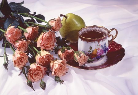 Still life - abstract, vase, porcelain, shades, beauty, spring, kettle, tea, still life, flowers, purple, scent, floral, candy, cup, other