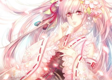 Sakura Miku - female, hot, simple, anime girl, white, petals, anime, miku, kimono, cute, pink eyes, hatsune miku, sexy, girl, twintails, long hair, pink hair, sakura miku, vocaloids, sakura, vocaloid, plain, yukata, flower