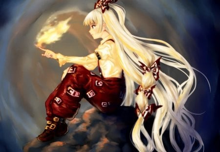 Fujiwara no Mokou - gloomy, cute, white hair, fujiwara no mokou, hot, anime girl, girl, fire, ribbon, magic, flame, eerie, touhou, blze, dark, anime, sinister, long hair, sexy, female