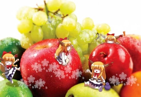 Chibi - anime, kawaii, mini, adore, long hair, tiny, touhou, horn, hd, fruit, chibi, anime girl, realistic, grape, small, brown hair, cg, ibuki suika, cute, adorable, 3d, apple