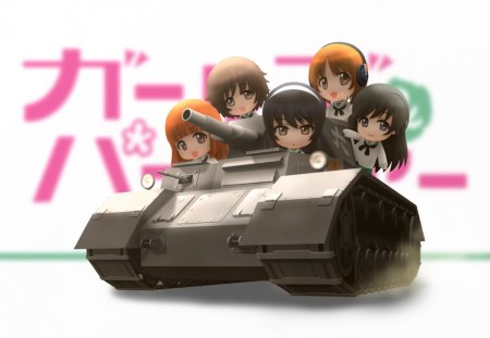 Chibi Tanker - realistic, female, simple, anime girl, girls und panzer, anime, team, cute, tanker, adorable, girl, chibi, machine, cg, hd, tiny, kawaii, 3d, plain, small, group, friend