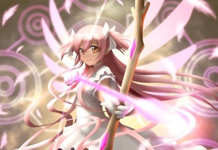 Kaname Madoka - realistic, female, hot, angel, magic, wings, anime girl, armor, archer, anime, feather, cute, sexy, girl, magical girl, light, long hair, pink hair, arow, cg, hd, glow, bow, 3d, wing, weapon, fairy