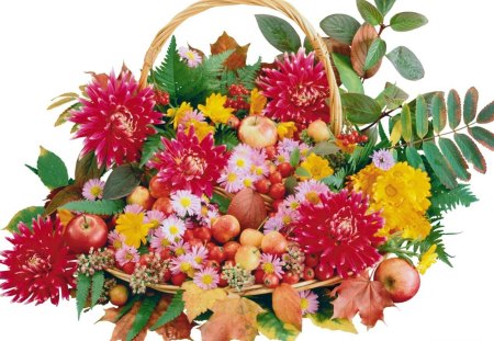 Fruits and flowers in the basket - leaves, basket, yellow, red