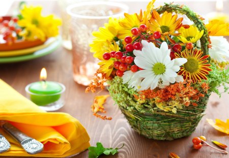 Colourful flowers - green, basket, flowers, yellow