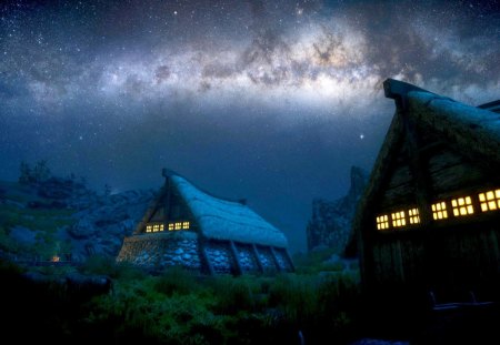 HOUSES in the DARK - stars, skyrim, galaxy, night, scrolls, milky