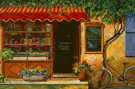 Countryside cafe - pretty, calm, quiet, town, cafe, flowers, bike, countryside, nice, art, beautiful, coffee, lovely, tree, village, painting, peaceful