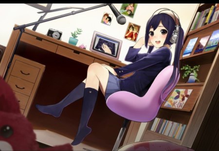 Nakano Azusa - anime, female, laptop, long hair, microphone, headphones, purple hair, anime girl, twintails, hot, girl, table, brown hair, chair, smile, picture, desk, computer, cute, sexy