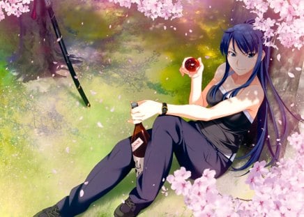 Blossom Tea - female, hot, anime girl, blade, cherry blossom, petals, katana, sakura blossom, anime, sword, cute, sexy, girl, tea, long hair, sakura, floral, pink, weapon, blossom, flower