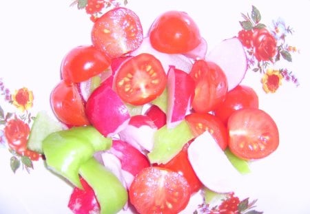 Health in a salad - colours, red, green, radish, tomato, vegetables, pink