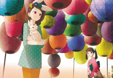 Waiting... - red, purple, animal, pink, yellow, anime, girl, blue, easter, white, rabbit, lantern, chinese, green