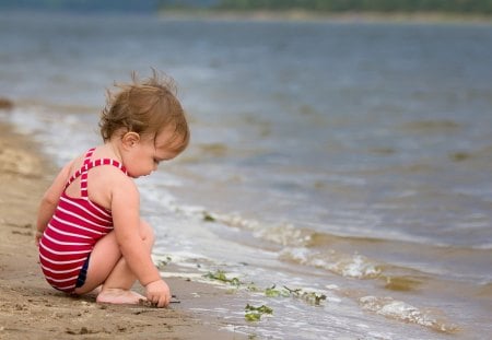 Playing In The Sand - Girl, Sea, Little, Beach